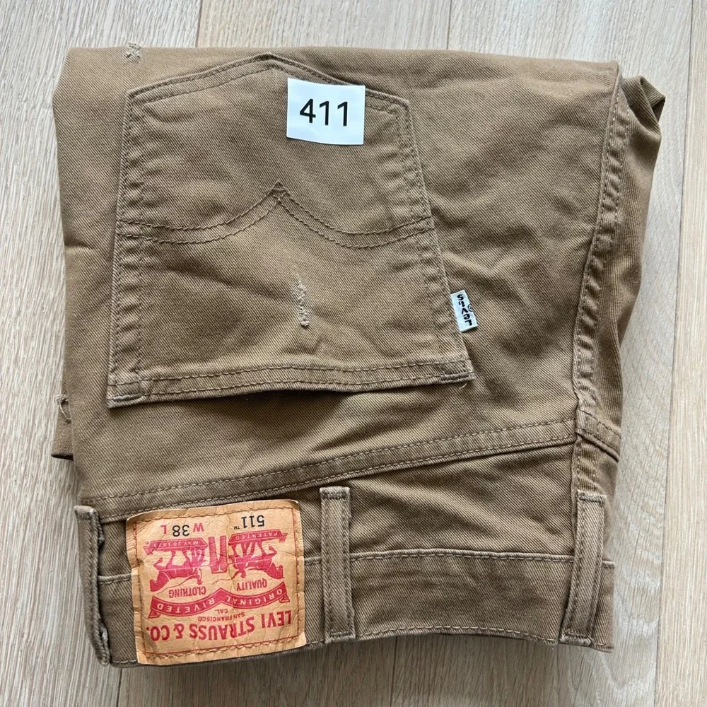 Levi's 511 Cut Off Shorts 38 Brown Khaki Distressed Slim Fit Twill Frayed Hem
